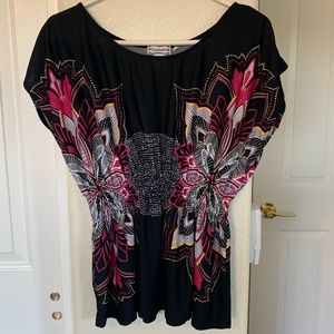 Black w/Pink and White Design Blouse Women’s Size M